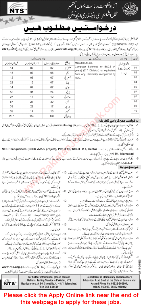 Computer Teacher Jobs in Elementary and Secondary Education Department AJK 2021 July NTS Apply Online Latest