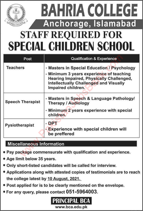 Bahria College Anchorage Islamabad Jobs 2021 July Teachers & Others Special Children School Latest