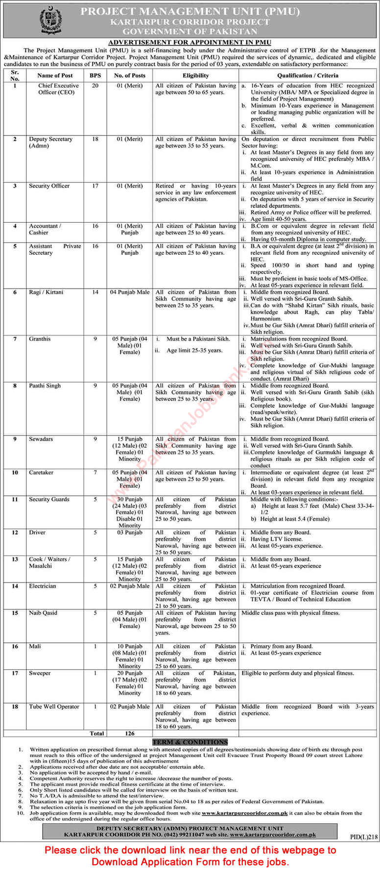 Kartarpur Corridor Project Jobs 2021 July / August Application Form Project Management Unit Latest