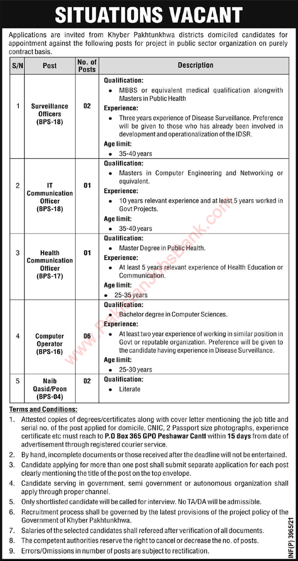PO Box 365 GPO Peshawar Jobs 2021 July / August Computer Operators, Surveillance Officers & Others Latest