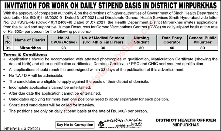 Health Department Sindh Jobs 2021 August Mirpurkhas Data Entry Operators & Others Latest