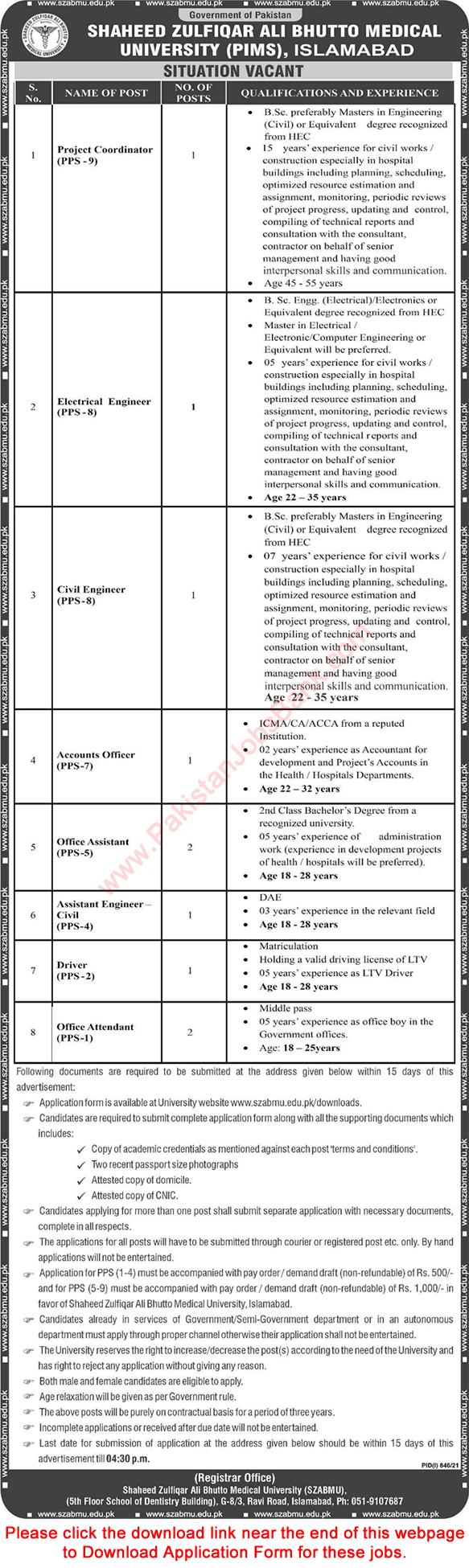 Shaheed Zulfiqar Ali Bhutto Medical University Islamabad Jobs 2021 August SZABMU Application Form PIMS Hospital Latest