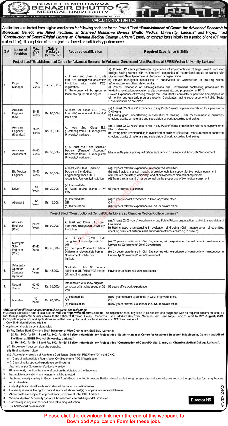 Shaheed Mohtarma Benazir Bhutto Medical University Larkana Jobs 2021 August SMBBMU Application Form Latest