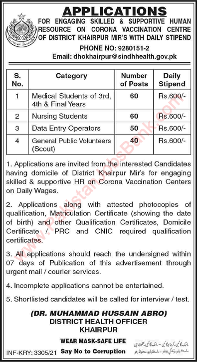 Health Department Khairpur Jobs 2021 August Medical / Nursing Students & Others Latest