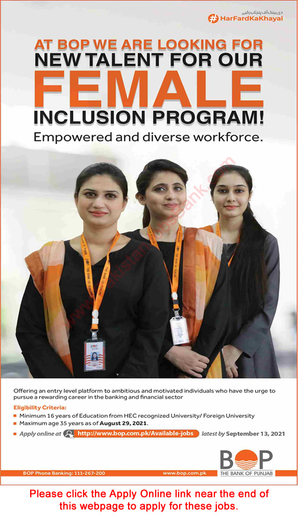 Bank of Punjab Jobs August 2021 September Apply Online Female Inclusion Program Latest