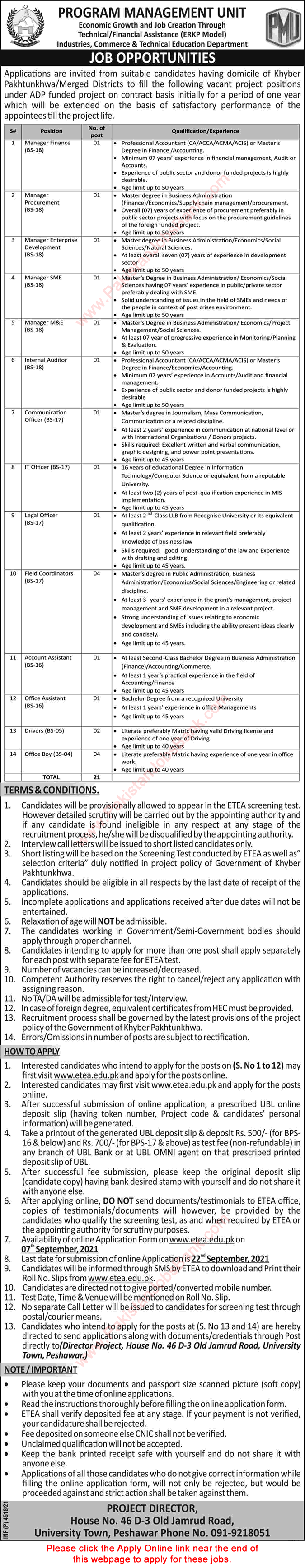 Industries Commerce and Technical Education Department KPK Jobs 2021 September ETEA Apply Online Latest