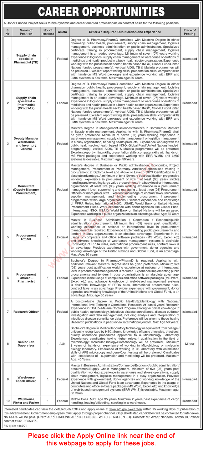 National TB Control Program Pakistan Jobs September 2021 Apply Online NTP Donor Funded Project Latest