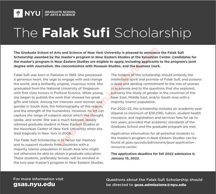 Falak Sufi Scholarship 2021 September for Master’s Program Apply Online Latest