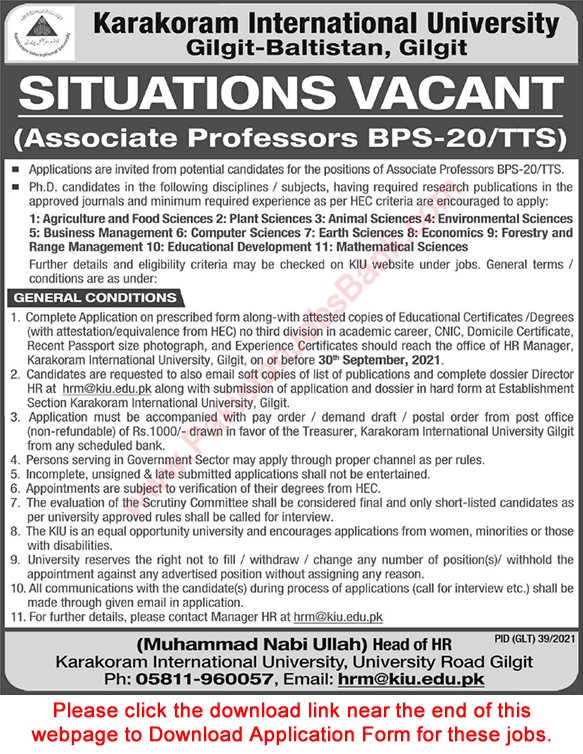 Associate Professor Jobs in Karakoram International University Gilgit Baltistan 2021 September Application Form Latest
