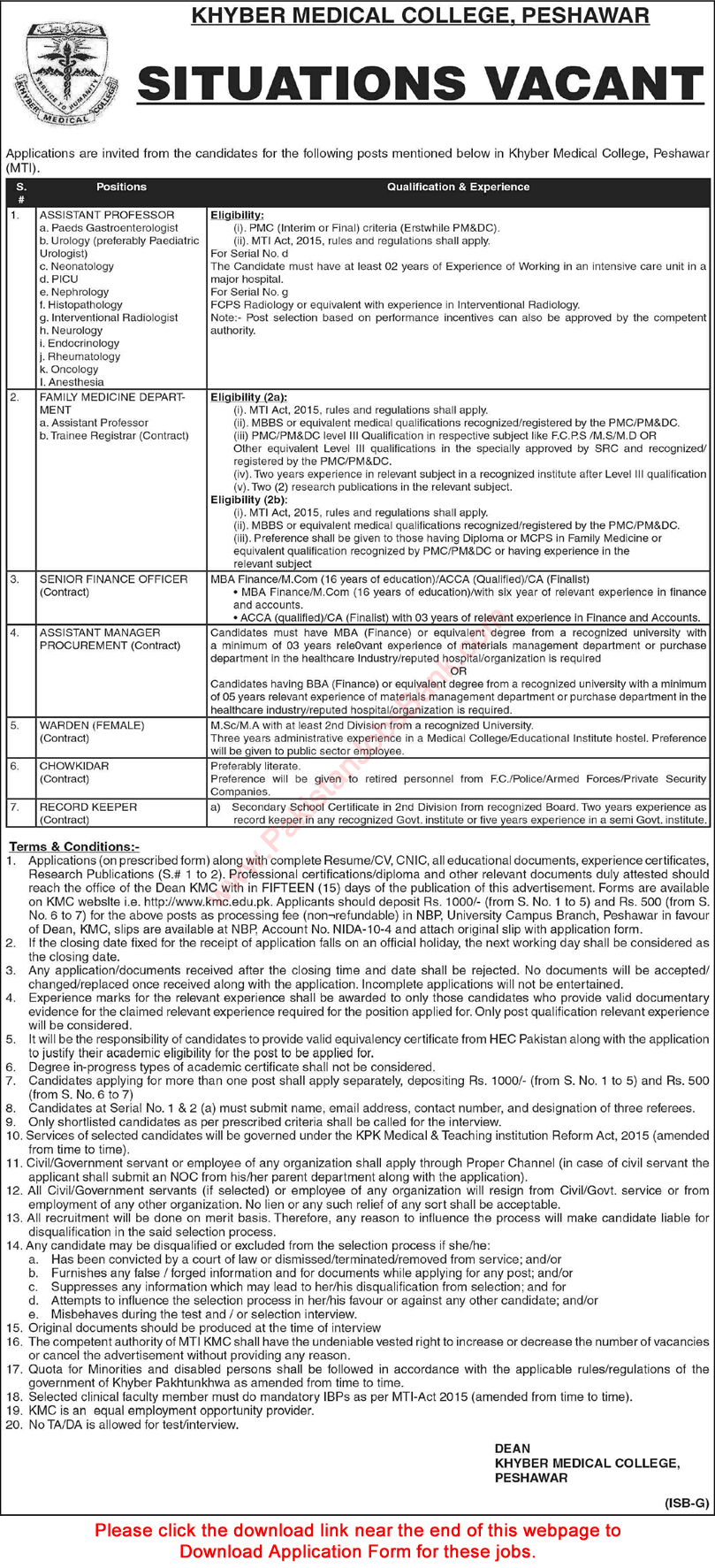 Khyber Medical College Peshawar Jobs 2021 September Application Form MTI Assistant Professors & Others Latest