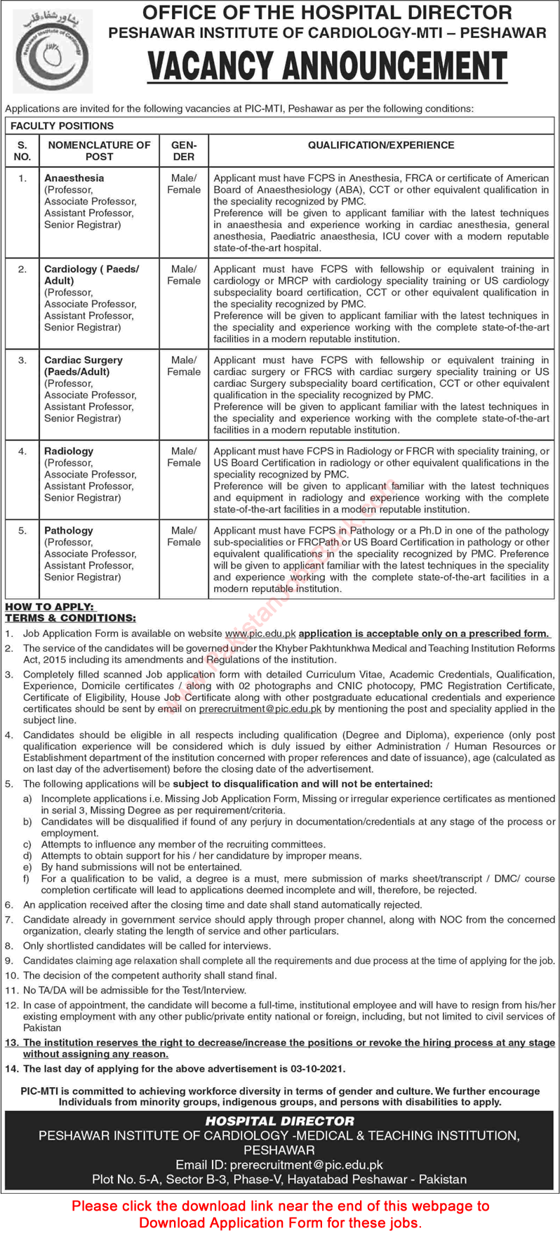 Peshawar Institute of Cardiology Jobs September 2021 PIC Application Form Teaching Faculty Latest
