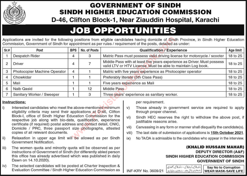 Sindh Higher Education Commission Jobs 2021 September Naib Qasid, Drivers & Others Latest
