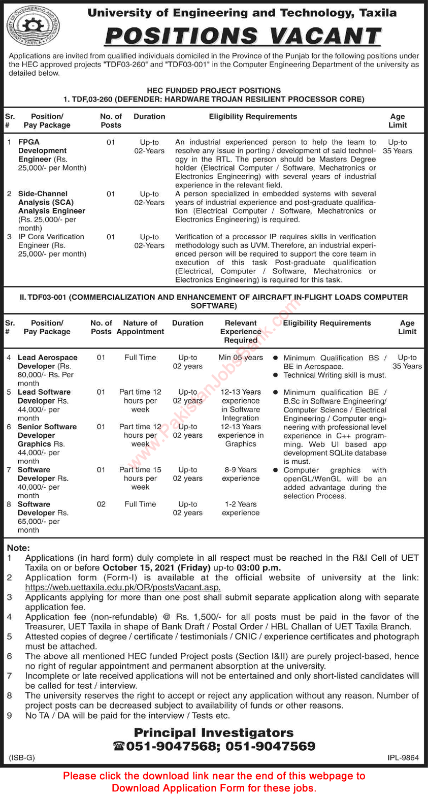 UET Taxila Jobs September 2021 Application Form Software Developers & Others Latest