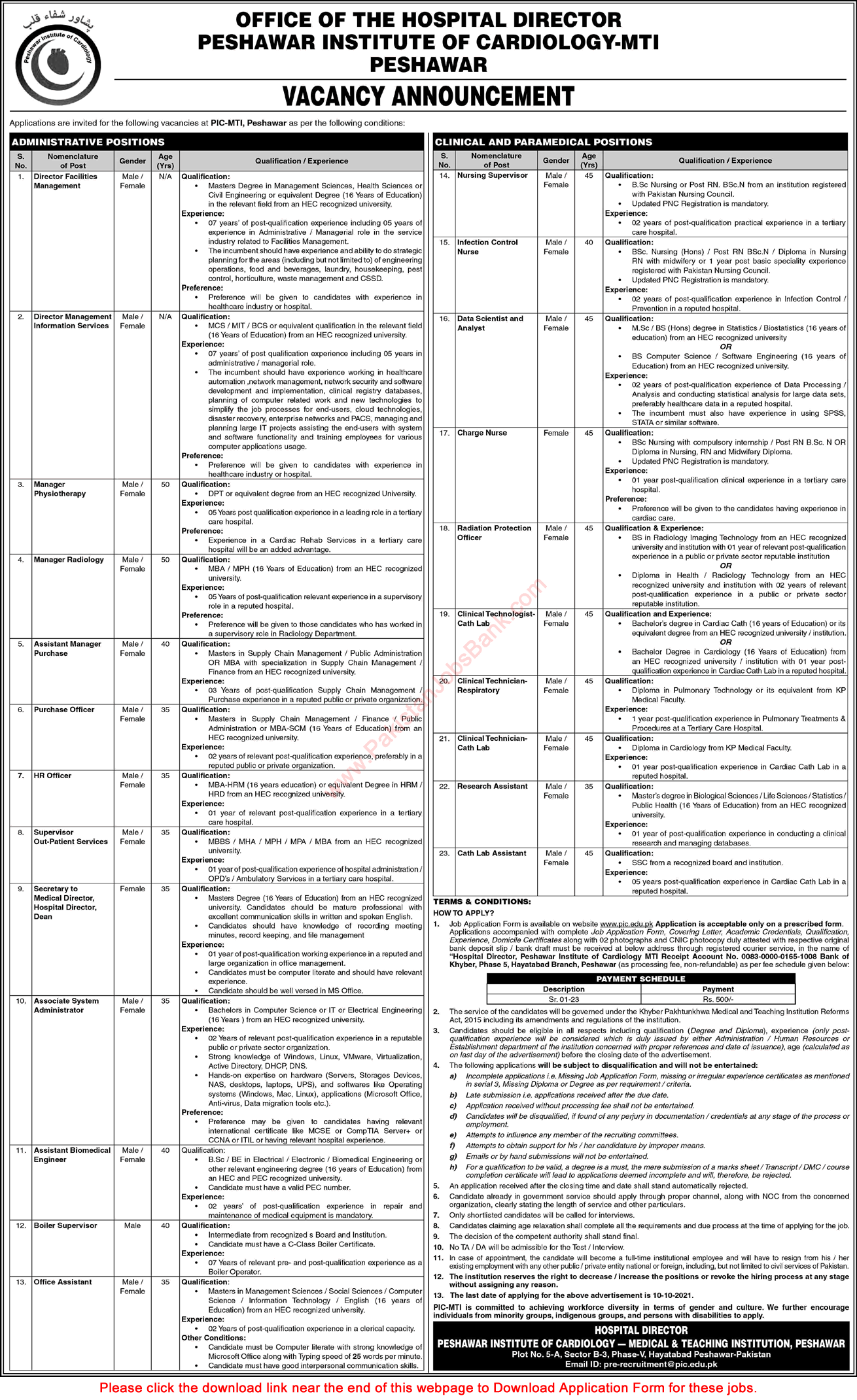Peshawar Institute of Cardiology Jobs September 2021 PIC MTI Application Form Latest