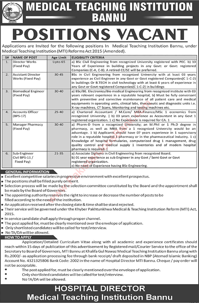 Medical Teaching Institution Bannu Jobs September 2021 Assistant Director & Others Latest