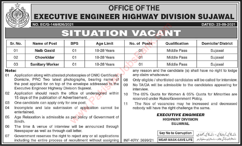 Executive Engineer Highway Division Sujawal Jobs 2021 September Naib Qasid & Others Latest