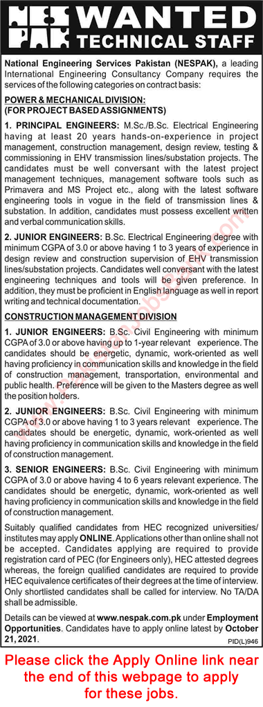 NESPAK Jobs October 2021 Apply Online National Engineering Services Pakistan Latest