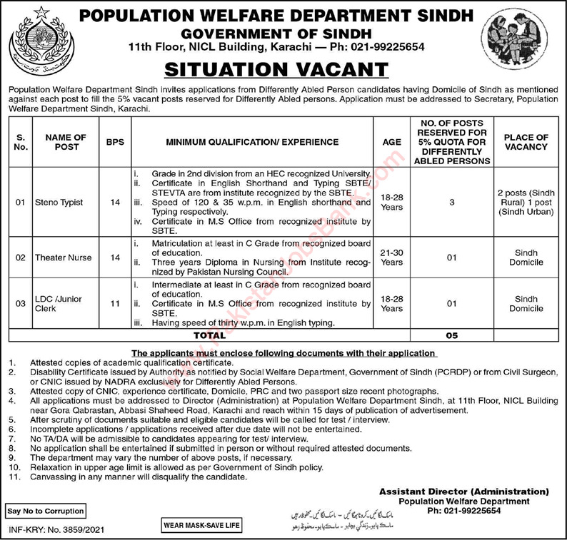 Population Welfare Department Sindh Jobs October 2021 Stenographers & Others Latest