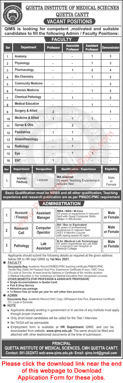Quetta Institute of Medical Sciences Jobs October 2021 Application Form Teaching Faculty & Others