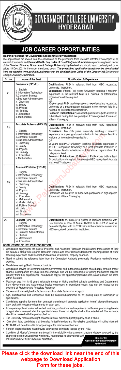 Teaching Faculty Jobs in Government College University Hyderabad October 2021 GCU Application Form Latest