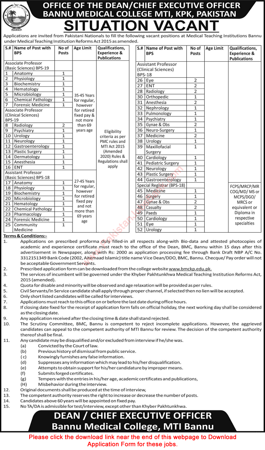 Teaching Faculty Jobs in Bannu Medical College October 2021 Application Form MTI Medical Teaching Institution Latest