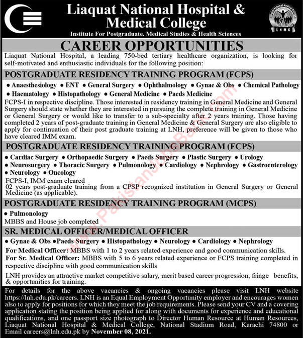 Liaquat National Hospital Karachi Jobs October 2021 November Medical Officers & Postgraduate Trainees Latest