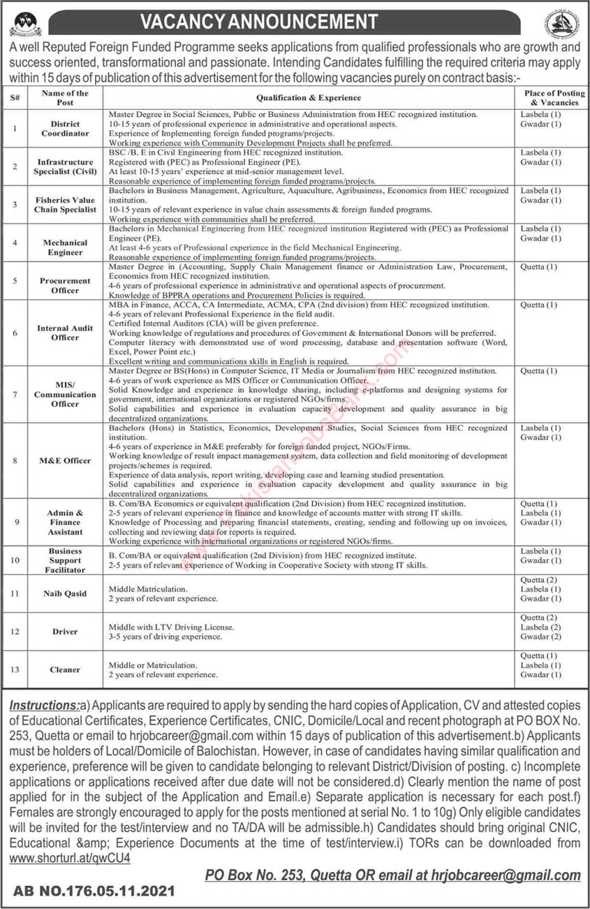 PO Box 253 Quetta Jobs 2021 November Drivers & Others Public Sector Organization Latest