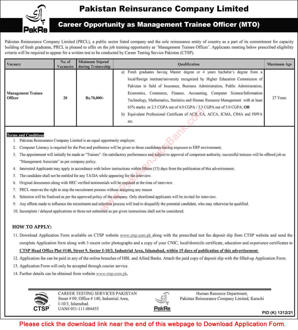 Management Trainee Officer Jobs in Pakistan Reinsurance Company Limited November 2021 CTSP Application Form PRCL Latest