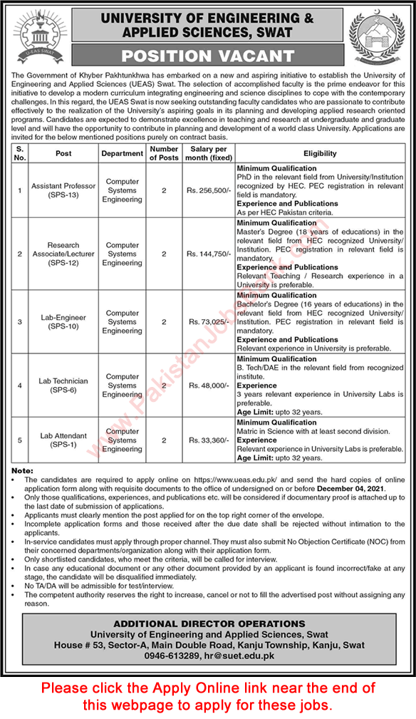 University of Engineering and Applied Sciences Swat Jobs November 2021 Apply Online Teaching Faculty & Others Latest