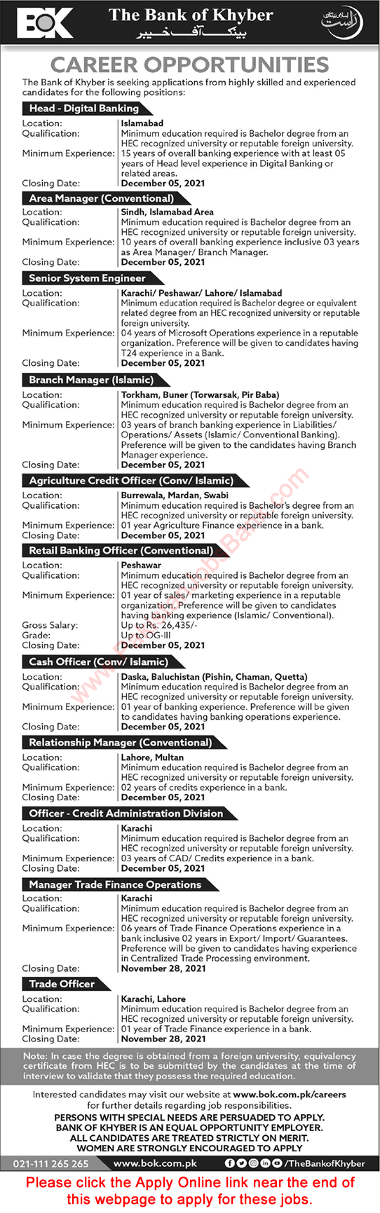 Bank of Khyber Jobs November 2021 Apply Online Cash Officers, System Engineers & Others BOK Latest