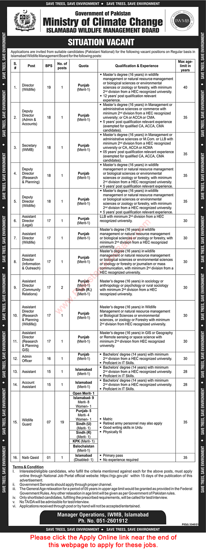 Islamabad Wildlife Management Board Jobs 2021 November IWMB Apply Online Ministry of Climate Change Latest