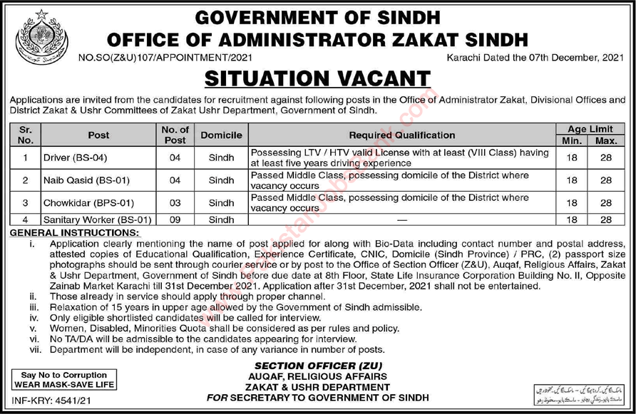 Zakat and Ushr Department Sindh Jobs 2021 December Sanitary Workers & Others Latest