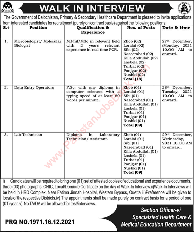 Specialized Healthcare and Medical Education Department Balochistan Jobs December 2021 Walk in Interview Latest