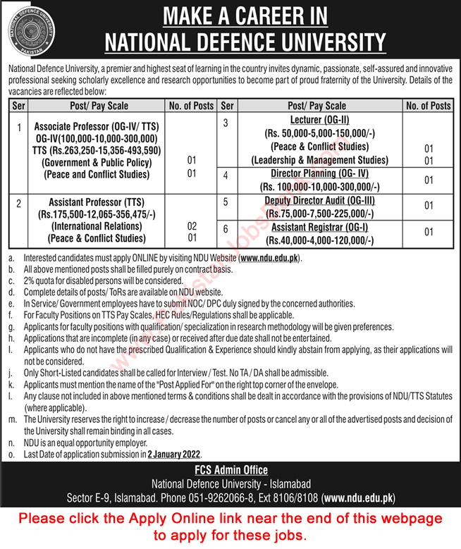 National Defence University Islamabad Jobs December 2021 Apply Online Teaching Faculty Latest