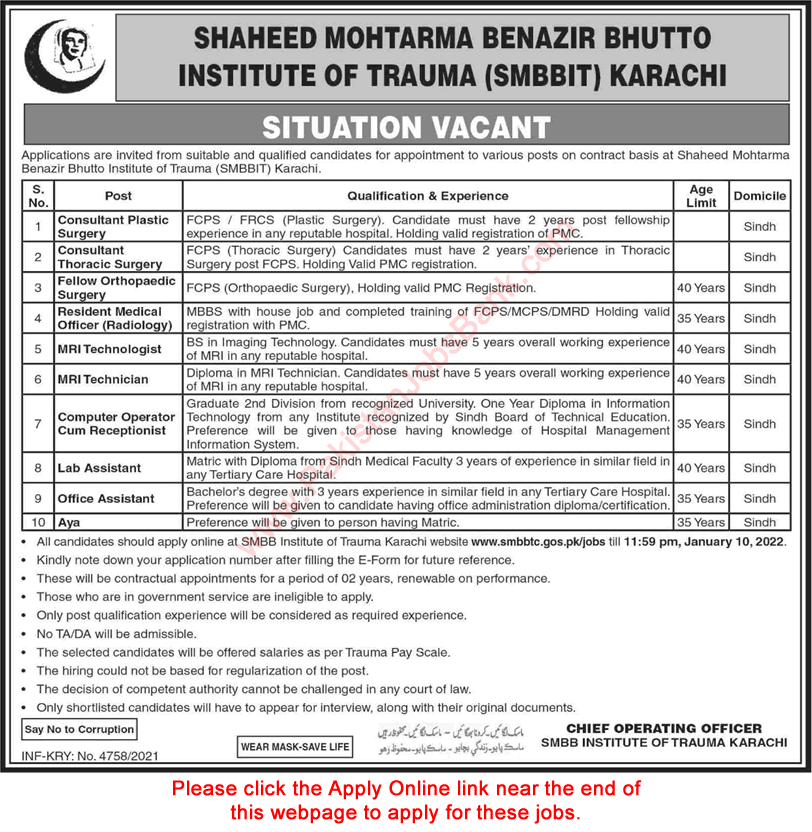 Shaheed Mohtarma Benazir Bhutto Institute of Trauma Karachi Jobs December 2021 SMBBIT Apply Online Latest