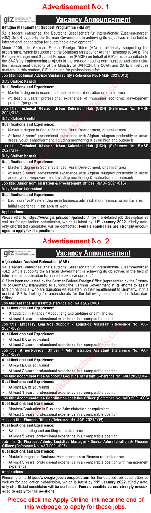 GIZ Pakistan Jobs December 2021 / 2022 Apply Online Finance Assistant / Officers & Others Latest