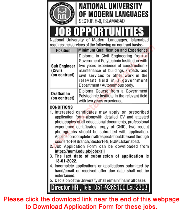 NUML University Islamabad Jobs December 2021 / 2022 Application Form National University of Modern Language Latest