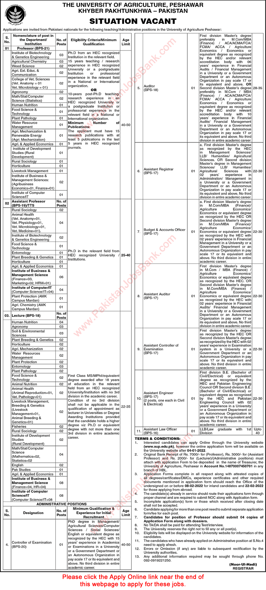 University of Agriculture Peshawar Jobs December 2021 / 2022 Apply Online Teaching Faculty Latest