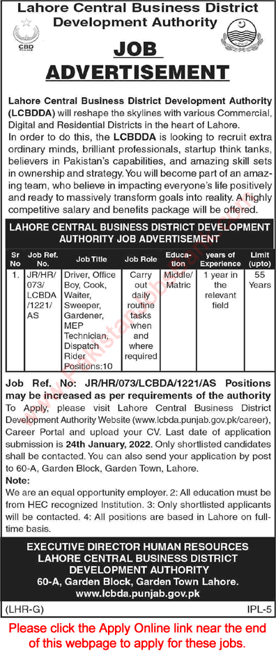 Lahore Central Business District Development Authority Jobs 2022 LCBDDA Apply Online Latest
