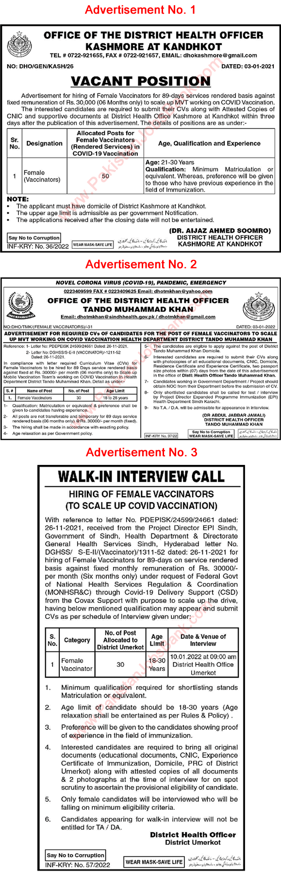 Female Vaccinator Jobs in Health Department Sindh 2022 District Health Authority Latest