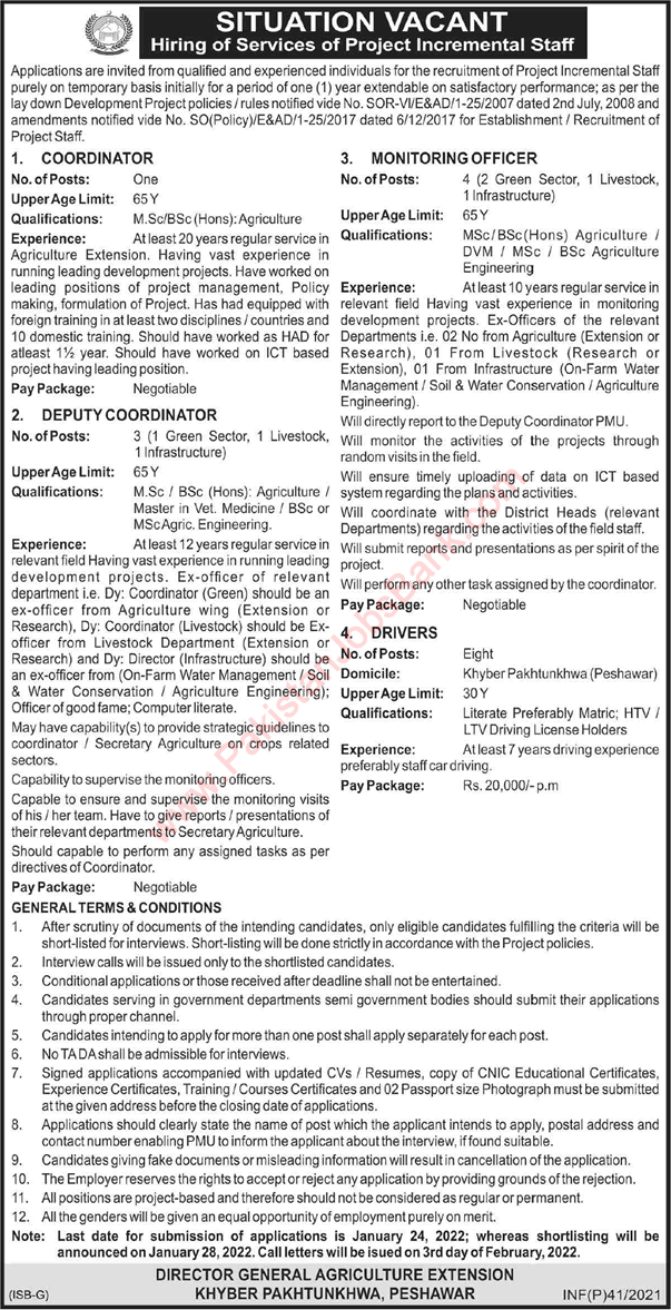 Agriculture Department KPK Jobs 2022 Monitoring Officers, Coordinators & Drivers Latest