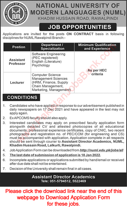 NUML University Rawalpindi Jobs 2022 Application Form Teaching Faculty Latest