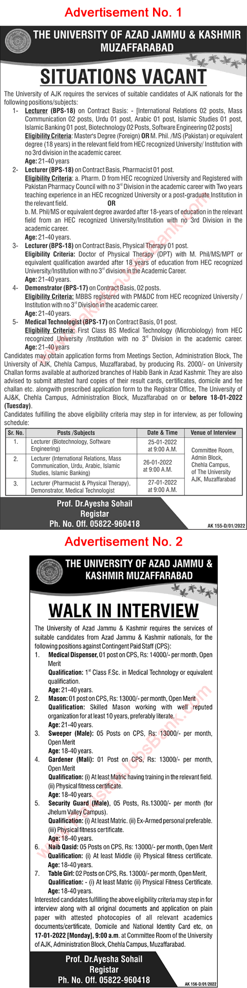 University of AJK Muzaffarabad Jobs 2022 Lecturers & Others Walk in Interview Latest