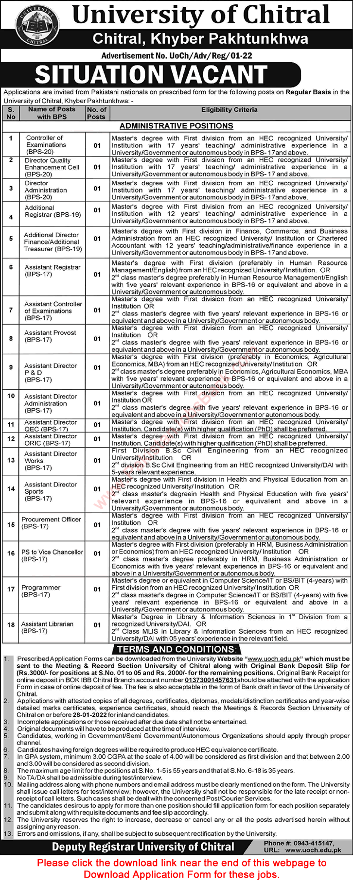 University of Chitral Jobs 2022 Application Form Assistant Directors & Others Latest