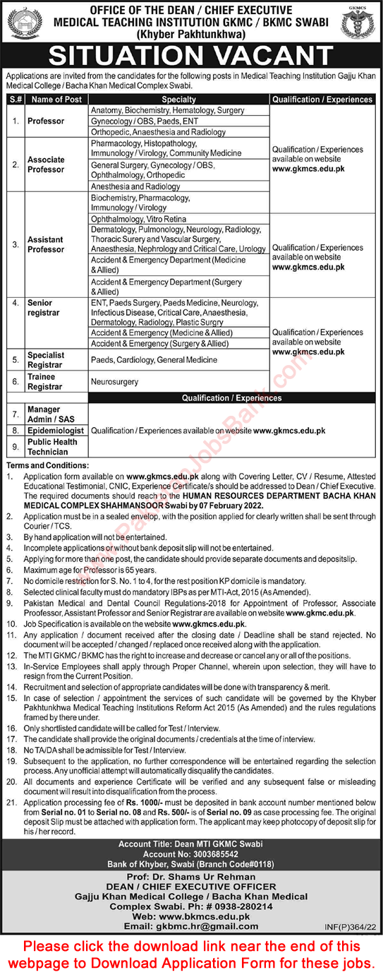 Bacha Khan Medical Complex Swabi Jobs 2022 January BKMC GKMC Application Form Teaching Faculty & Others Latest