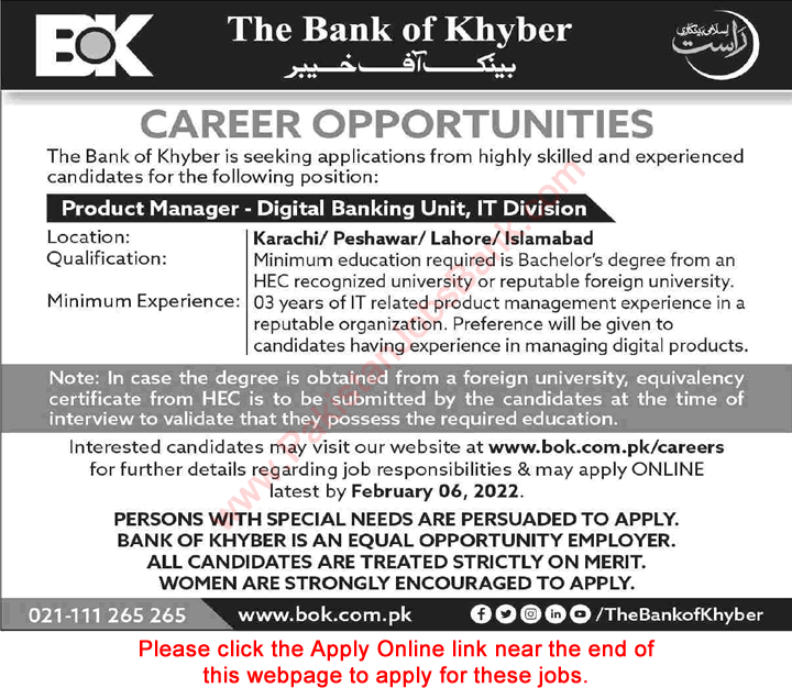 Product Manager Jobs in Bank of Khyber 2022 Apply Online BOK Latest