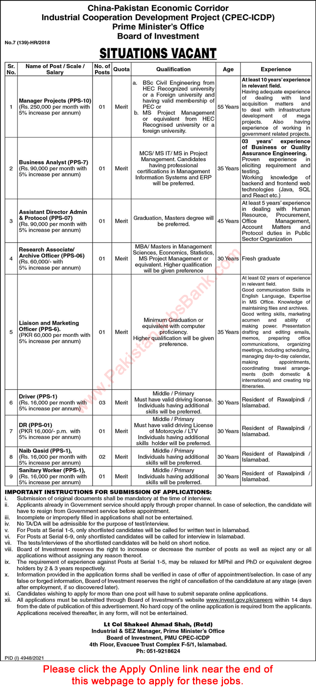Board of Investment Islamabad Jobs 2022 Apply Online Drivers & Others Prime Minister's Office CPEC ICDP Latest