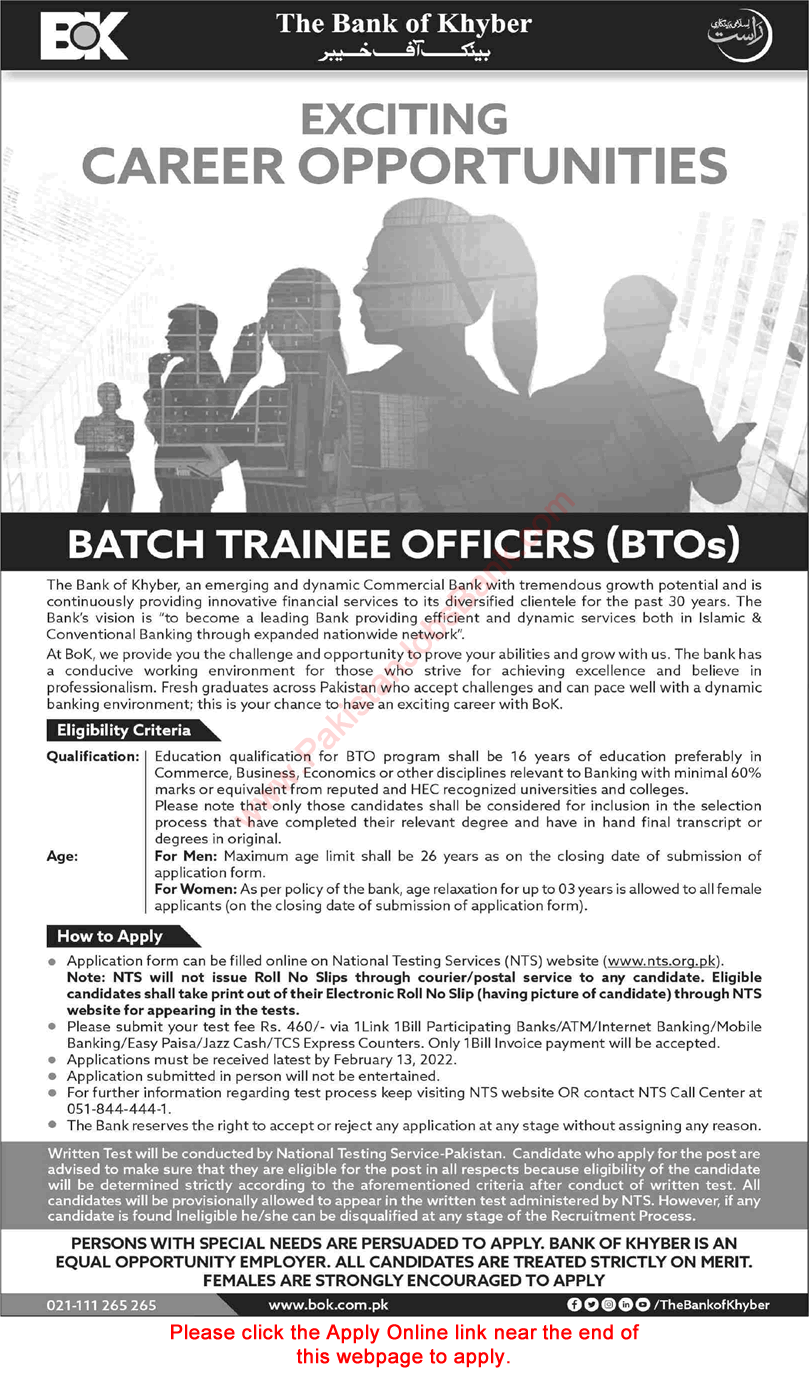 Batch Trainee Officer Jobs in Bank of Khyber 2022 January / February NTS Online Apply BTOs Latest