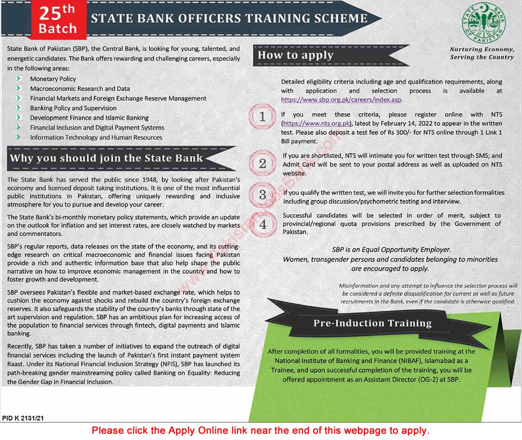 State Bank of Pakistan Jobs 2022 January / February NTS Apply Online Officers Training Scheme SBOTS Latest