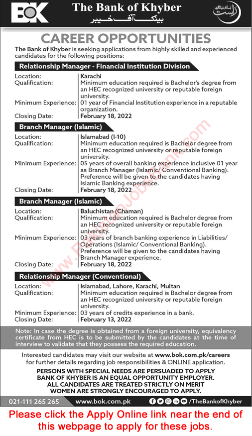Bank of Khyber Jobs 2022 February BOK Apply Online Relationship / Branch Managers Latest